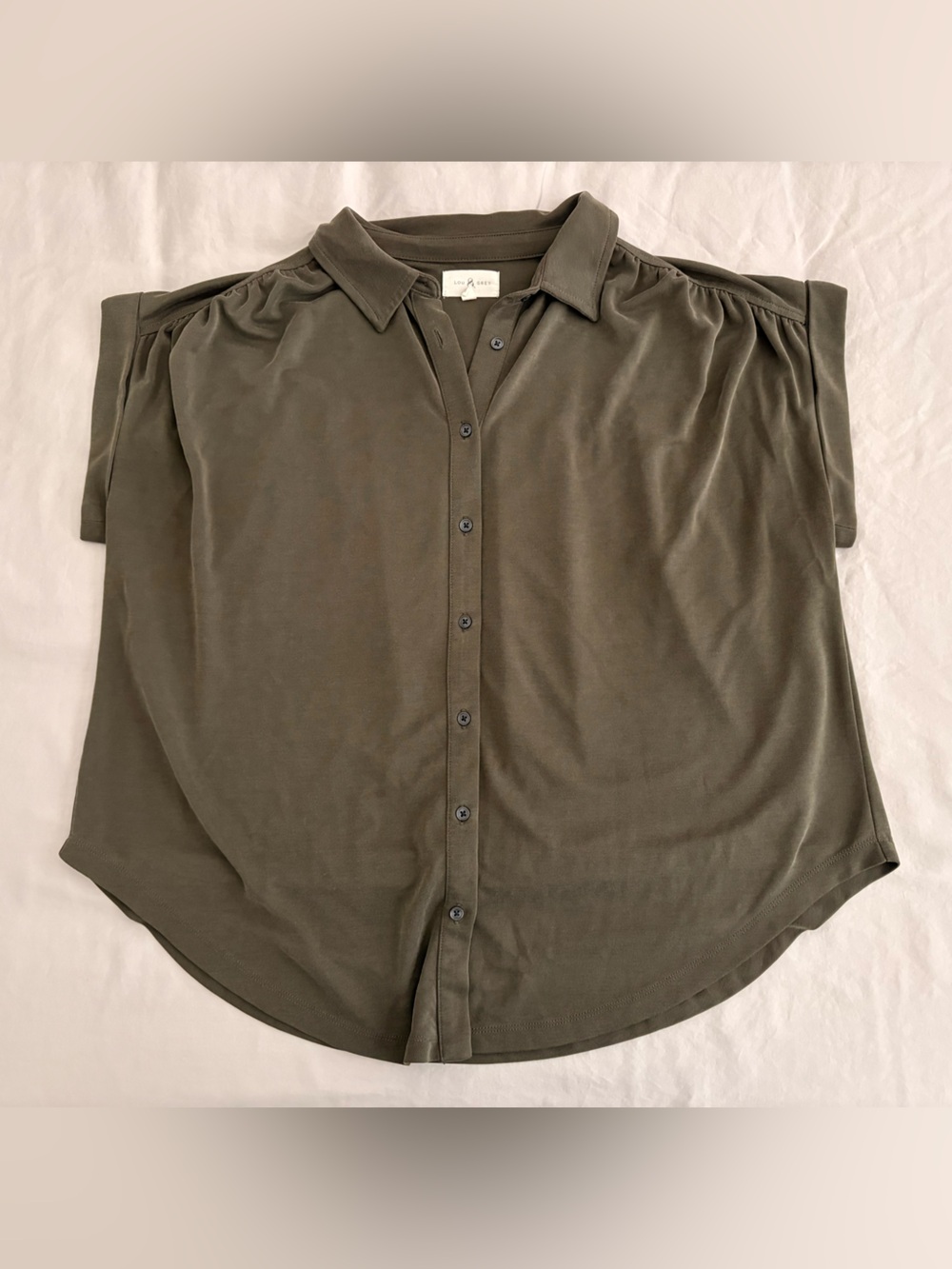 Loft Lou & Grey Olive Short-Sleeve Sandwashed Button-Down Shirt